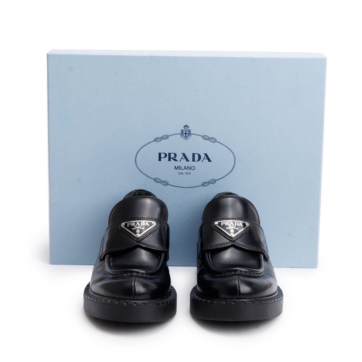 Prada Black Leather Signature Logo Loafers, Size 35