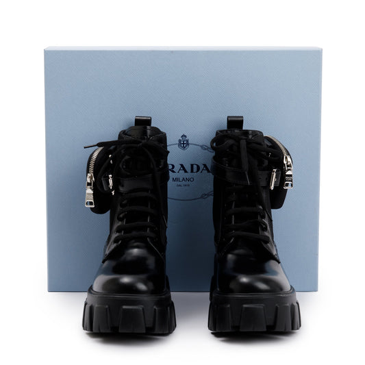 Prada Black Monolith Leather and Re-Nylon Boots with Pouch, Size 38
