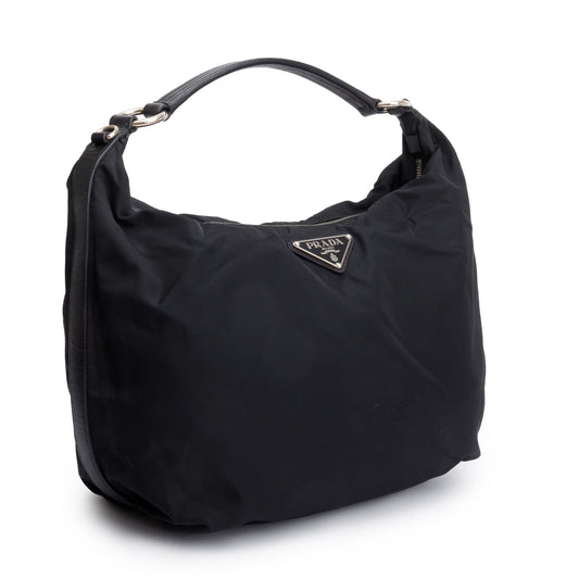 Prada Black Saffiano Leather-Trimmed Tessuto Nylon Hobo Bag