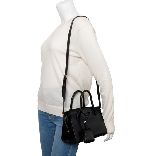Prada Black Saffiano Lux Mini Monochrome Top Handle Tote