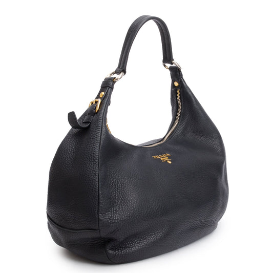 Prada Black Vitello Daino Leather Zip Top Hobo