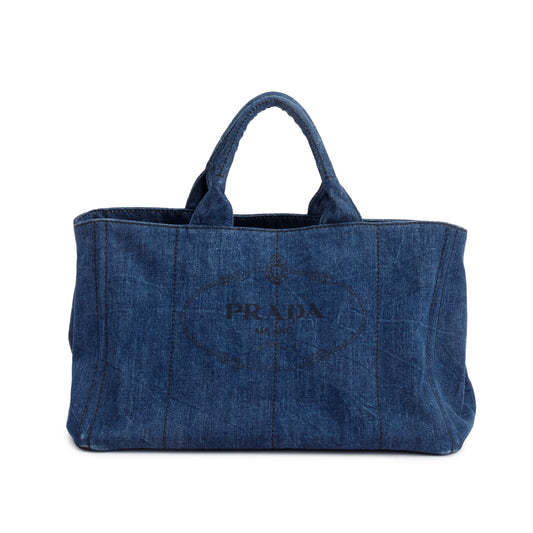 Prada Blue Denim Logo Canapa Large Tote