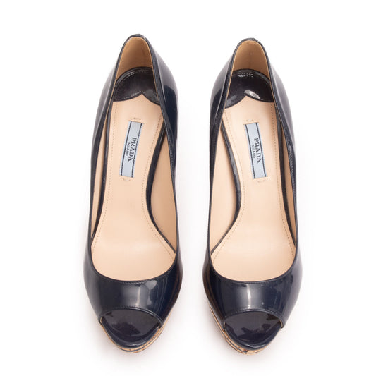 Prada Blue Patent Leather Calzature Donna Peep Toe Pumps, Size 37