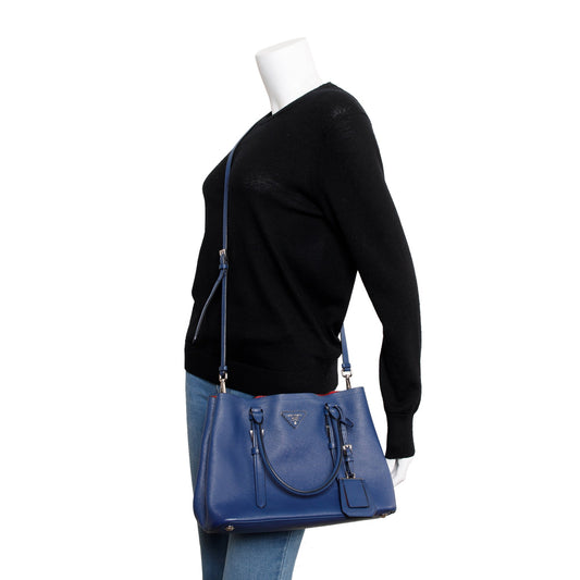Prada Blue Saffiano Lux Small Cuir Double Tote