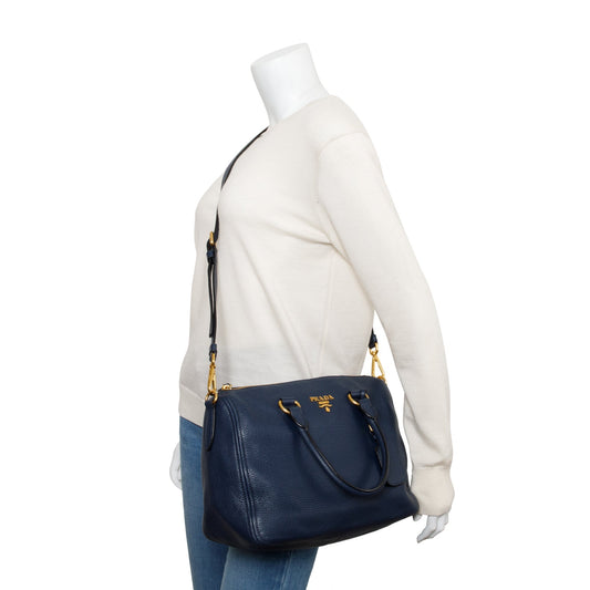 Prada Blue Vitello Phenix Leather Bauletto