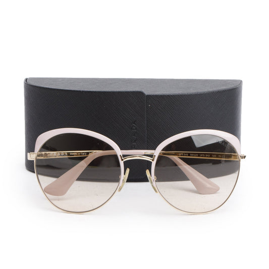 Prada SPR 54S Gold Tone Metal Pink Acetate Round Sunglasses