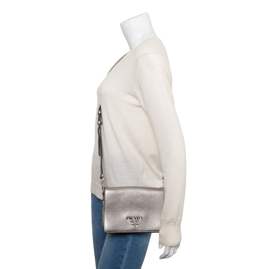 Prada Silver Metallic Vitello Daino Metal Logo Crossbody Bag