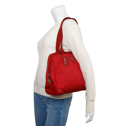 Prada Vintage Red Leather-Trimmed Tessuto Nylon Shoulder Bag