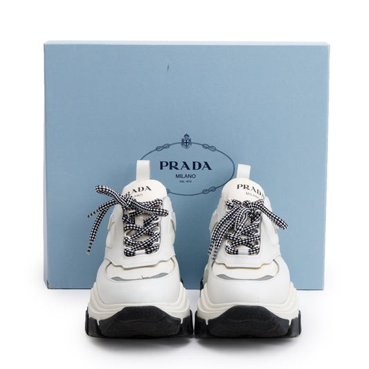 Prada White Calfskin Nylon Pegasus Sneakers, Size 36.5