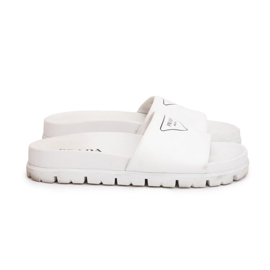 Prada White Graphic Print Leather Slide Sandals, Size 38.5