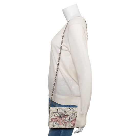 Prada X James Jean White Glace Calfskin Rabbit Print Wallet on Chain