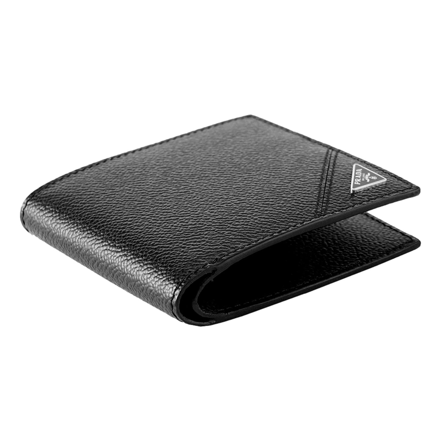 Luxury PradaVitello Micro Grain Black Leather Triangle Logo Bifold Wallet