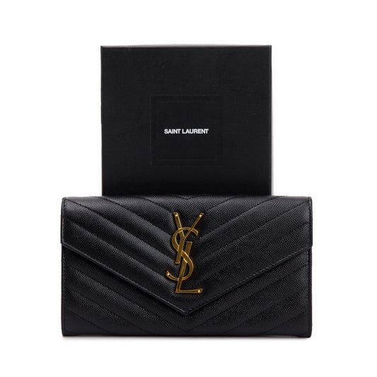 Saint Laurent 2021 Black Grain De Poudre Leather Cassandre Matelasse Large Flap Wallet
