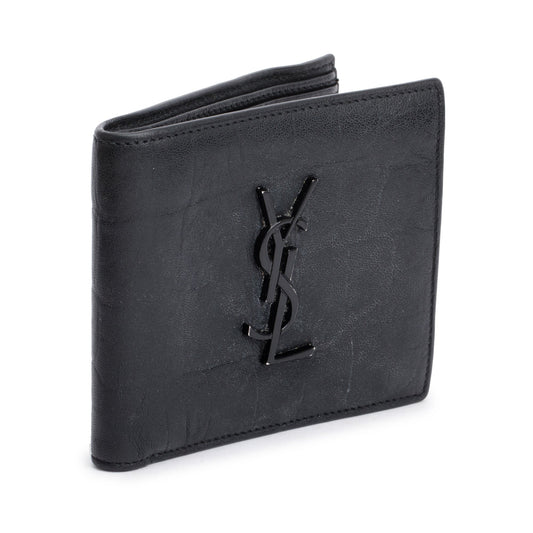 Saint Laurent 2022 Black Croc Embossed Leather Cassandre Bi-fold Wallet