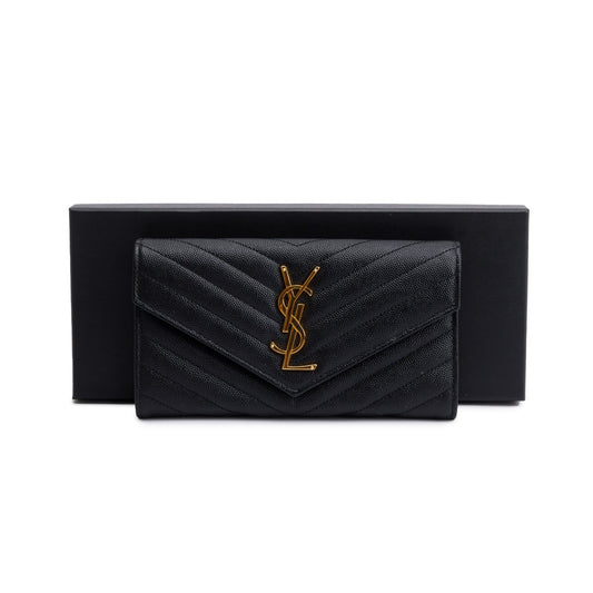 Saint Laurent 2022 Black Grain De Poudre Leather Cassandre Matelasse Large Flap Wallet