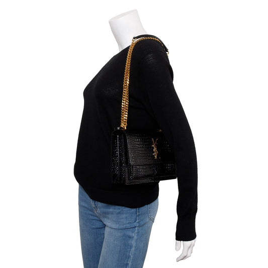 Saint Laurent 2022 Black Medium Crocodile Embossed Sunset Bag