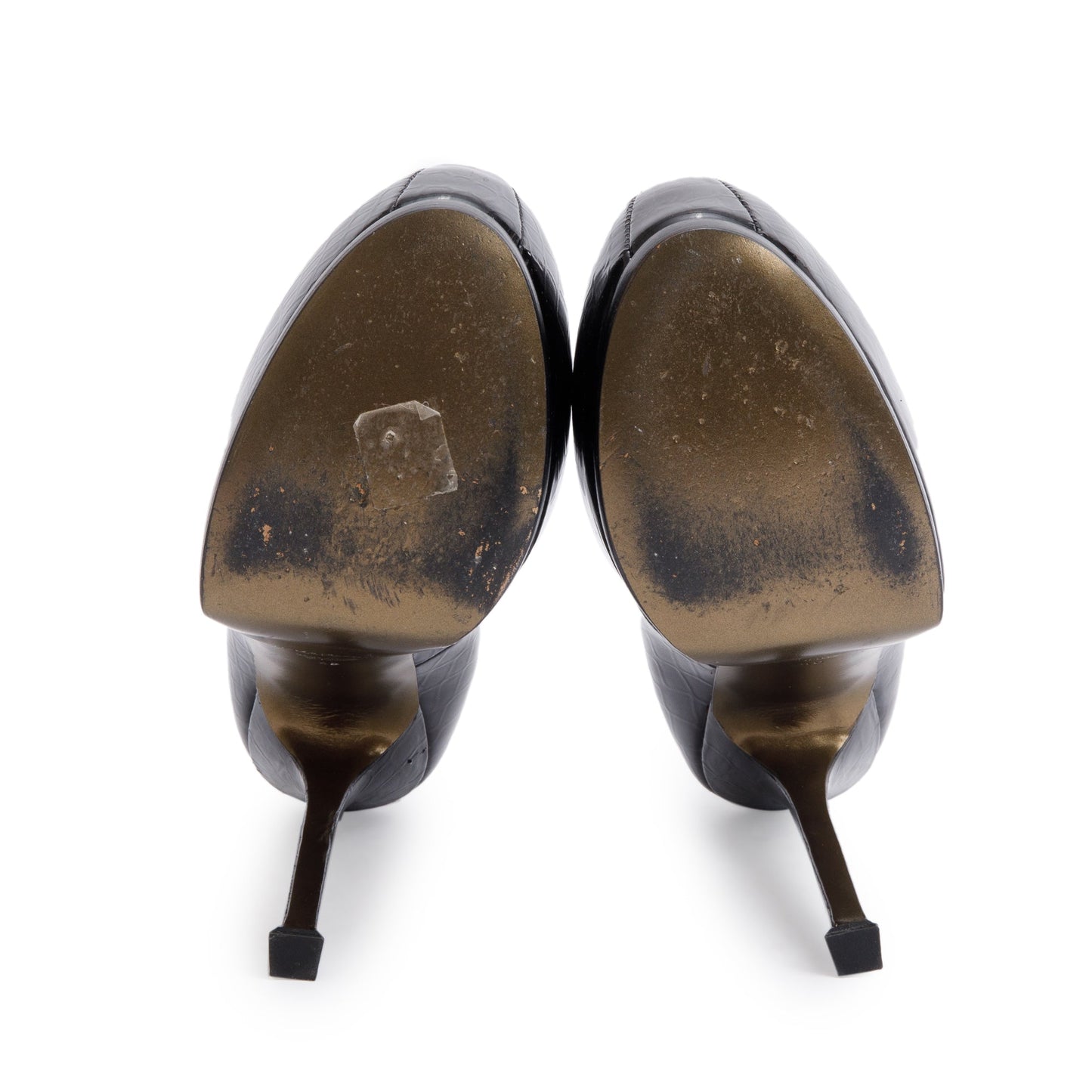 Saint Laurent Black Croc-Embossed Patent Leather Tribtoo 105 Platform Pumps, Size 40