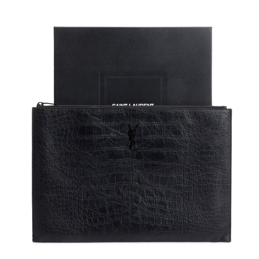 Saint Laurent Black Crocodile Embossed Monogram Document Holder