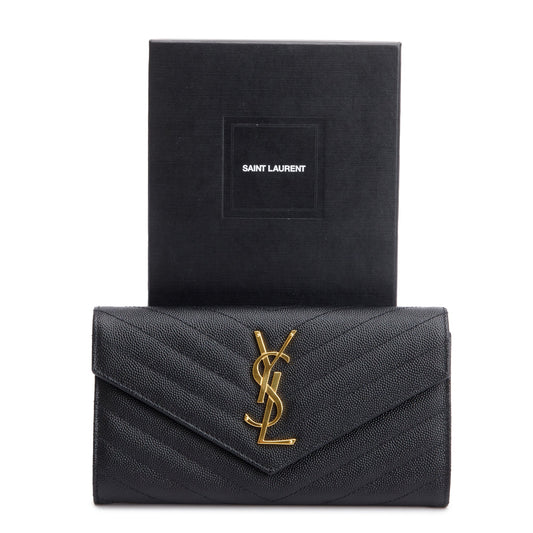 Saint Laurent Black Grain De Poudre Cassandre Matelasse Large Flap Wallet