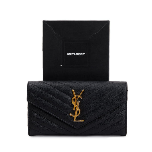 Saint Laurent Black Grain De Poudre Leather Cassandre Matelasse Large Flap Wallet