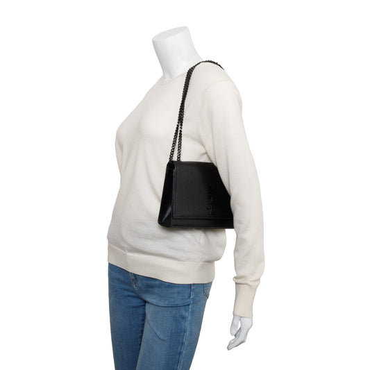 Saint Laurent Black Grain De Poudre Leather Medium Monogram Kate Chain Bag