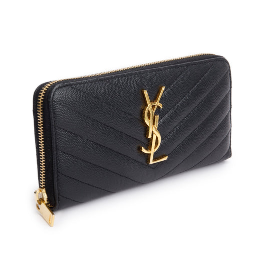 Saint Laurent Black Grained De Poudre Cassandre Matelasse Zip Around Wallet