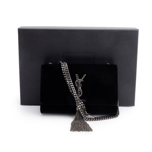 Saint Laurent Black Velvet Crystal Small Kate Tassel Bag