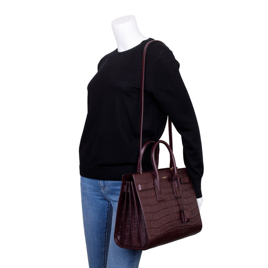 Saint Laurent Burgundy Crocodile Embossed Calfskin Small Sac De Jour