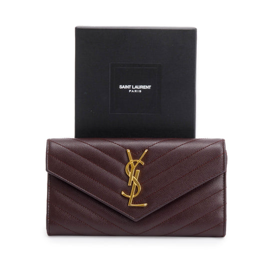 Saint Laurent Burgundy Grain De Poure Cassandre Matelasse Large Flap Wallet