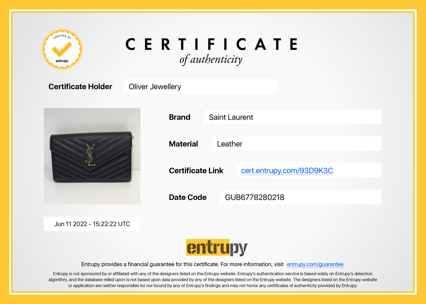 Saint Laurent Cassandre Matelasse Chain Wallet