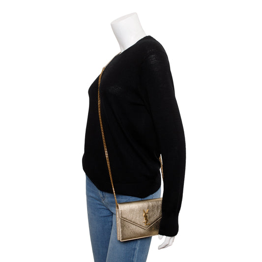 Saint Laurent Metallic Gold Leather Cassandre Envelope Chain Wallet