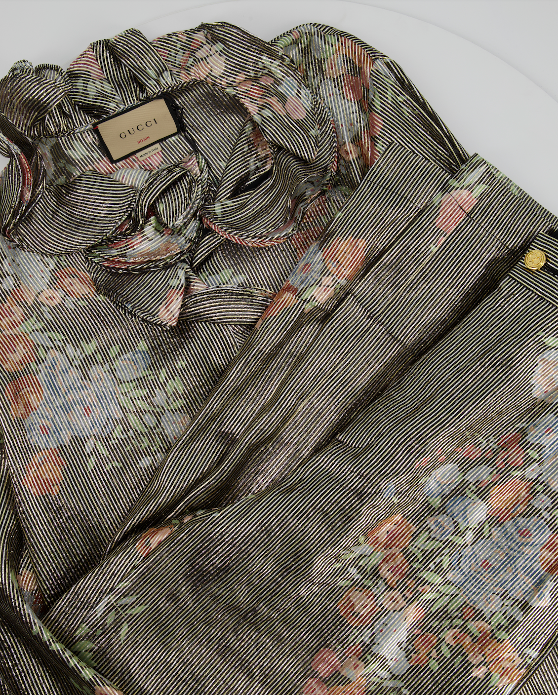 Luxury Gucci Trending 2025 Black Metallic Striped Blouse and Trouser Set with Floral Detail Size UK 10-14