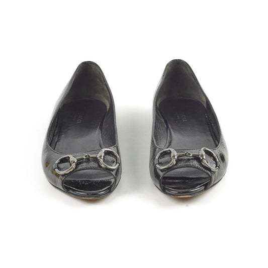 Luxury Gucci Trending 2025 Black Patent Horsebit Flats 38