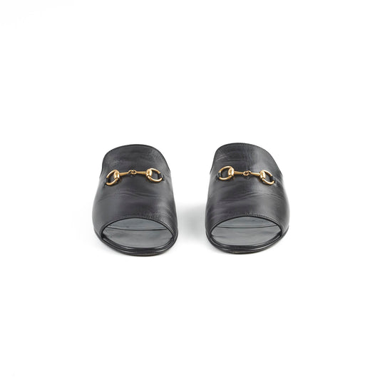 Luxury Gucci Trending 2025 Black Leather Horsebit Malaga Kid Flat Slides