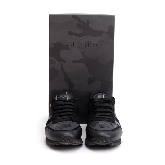 Valentino Black Camouflage Fabric Leather Rockrunner Sneakers, Size 42