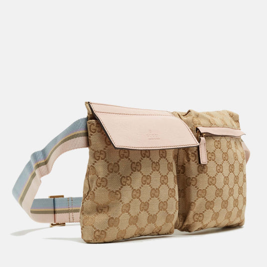 Luxury Gucci Trending 2025 Beige/pink Gg Canvas And Leather Double Pocket Belt Bag