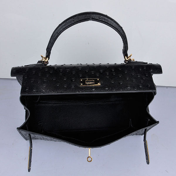Luxury Hermes Kelly 32cm Ostrich Vein 6108 Black Golden