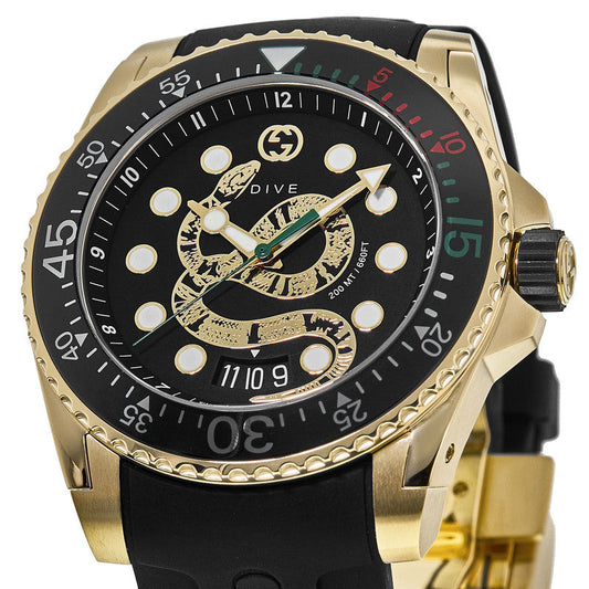 Gucci Dive Gold Tone Black Dial Rubber Strap Men's Watch YA136219