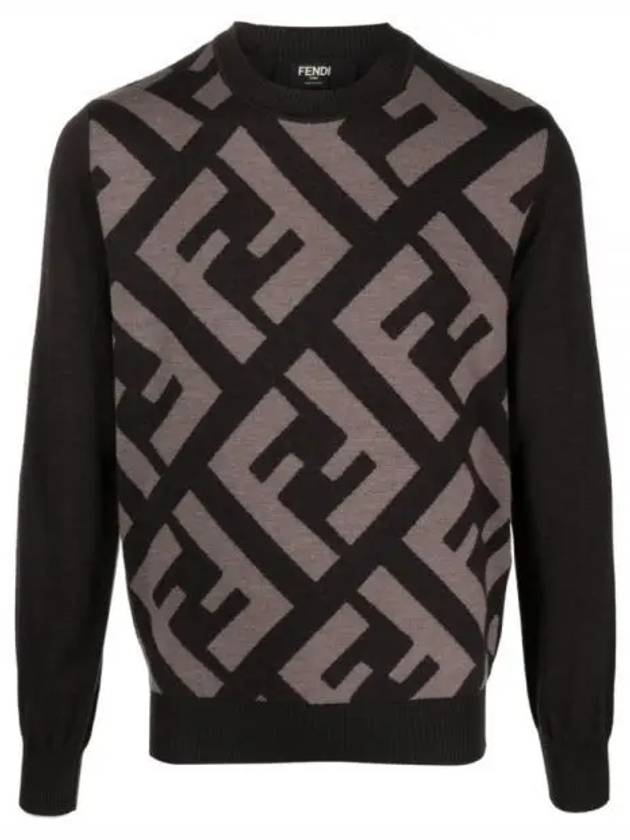 Luxury Fendi Monogram Jacquard Wool Crewneck Knit Top Brown