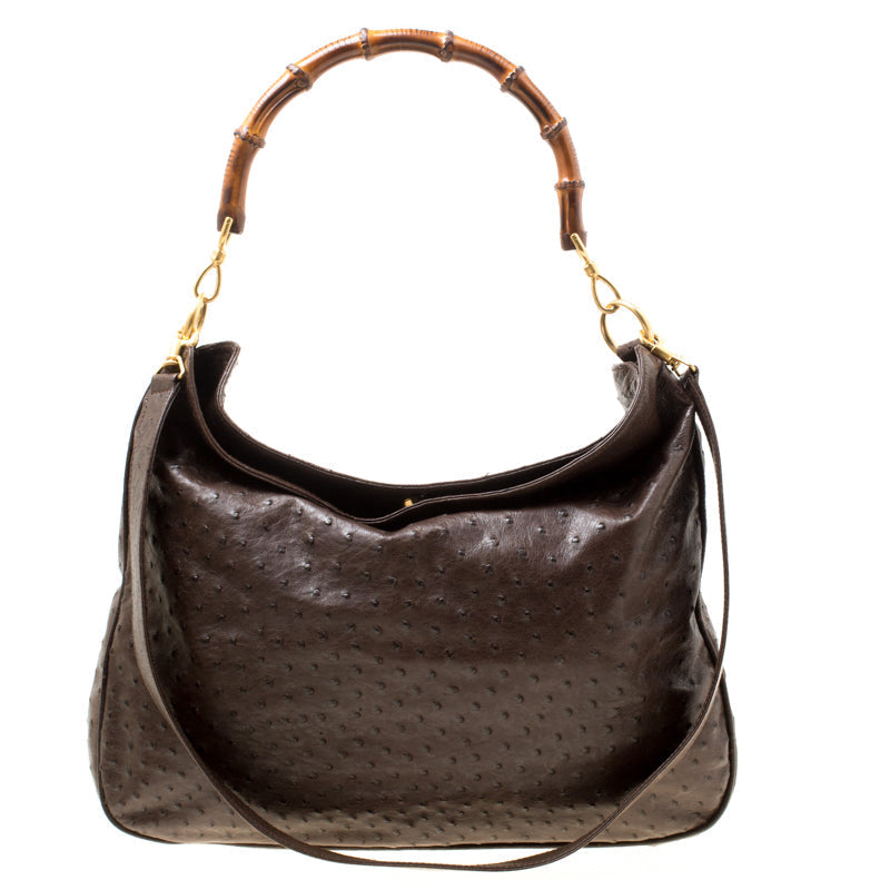 Luxury Gucci Trending 2025 Brown Ostrich Bamboo Handle Hobo