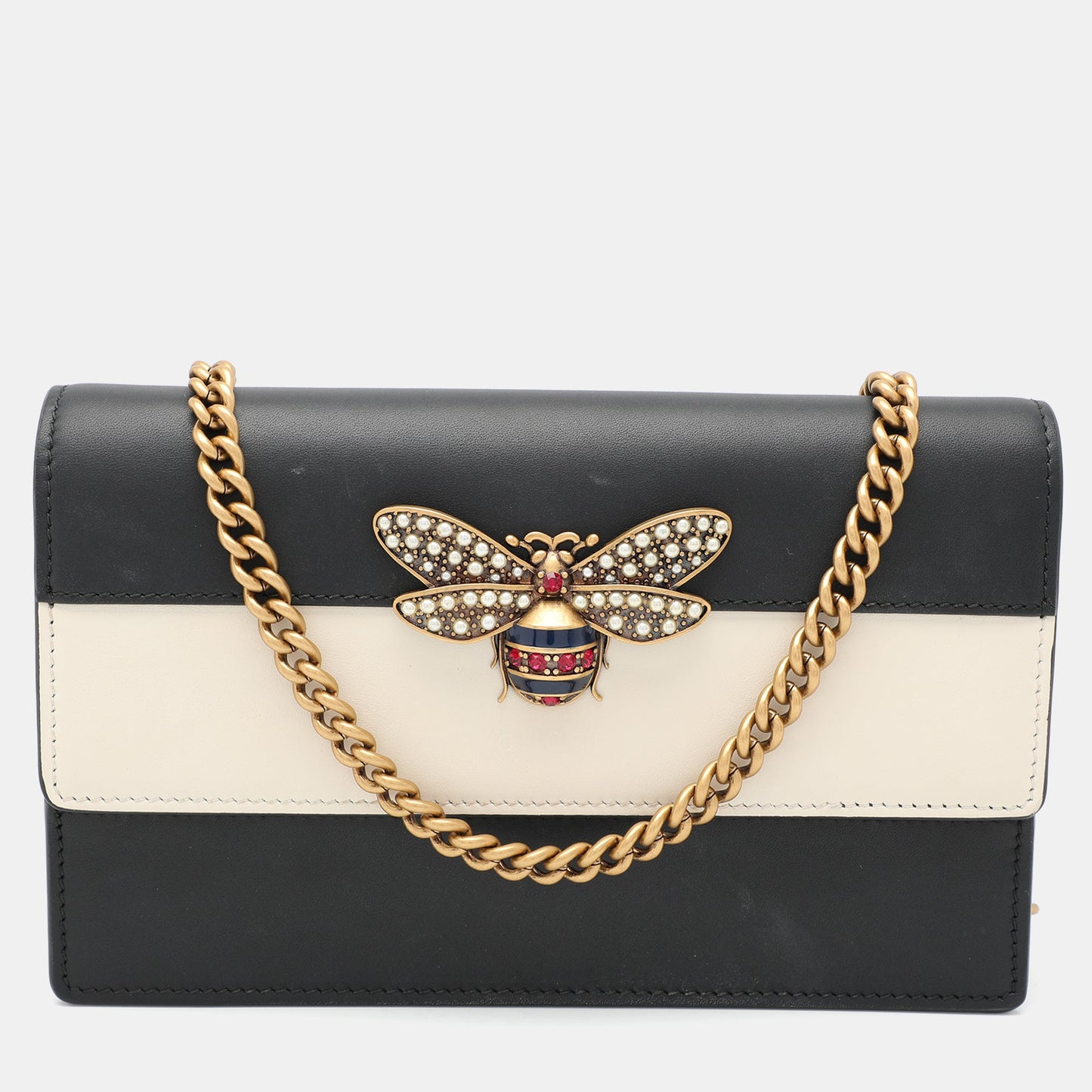 Luxury Gucci Trending 2025 Black/White Leather Queen Margaret Wallet On Chain