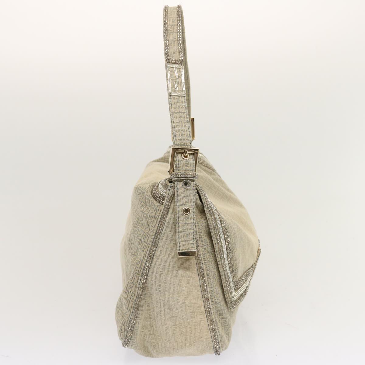 Luxury Fendi Zucchino Canvas Beads Mamma Baguette Shoulder Bag Grayar11697