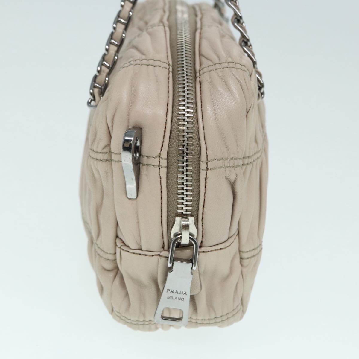 Luxury Prada Gathered Hand Bag Leather 2way Beige Silver BN1407 ar12492
