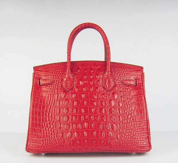 Luxury Hermes Birkin 30cm Crocodile Head Vein Handbags Red Silver