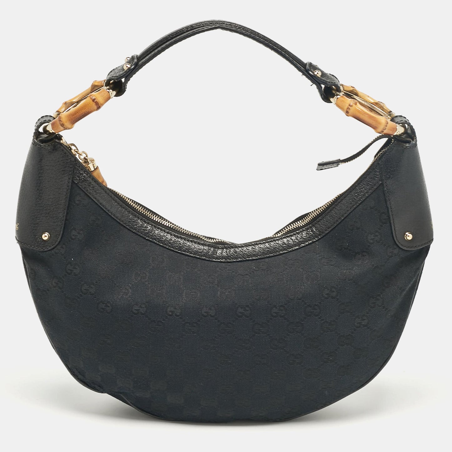 Luxury Gucci Trending 2025 Black GG Canvas and Leather Bamboo Ring Hobo