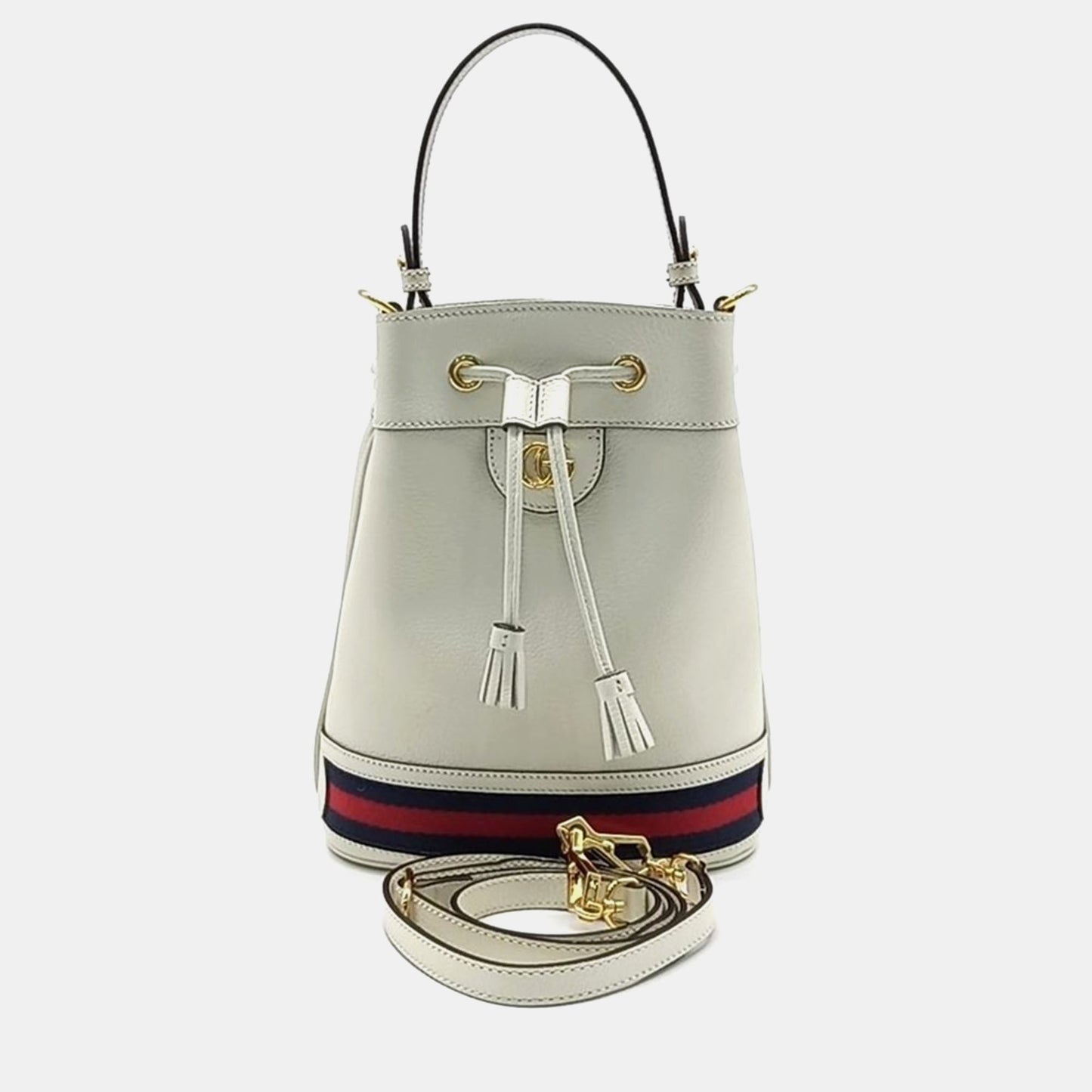 Luxury Gucci Trending 2025 Ivory/Navy Blue/Red Leather Ophidia Small Bucket Bag