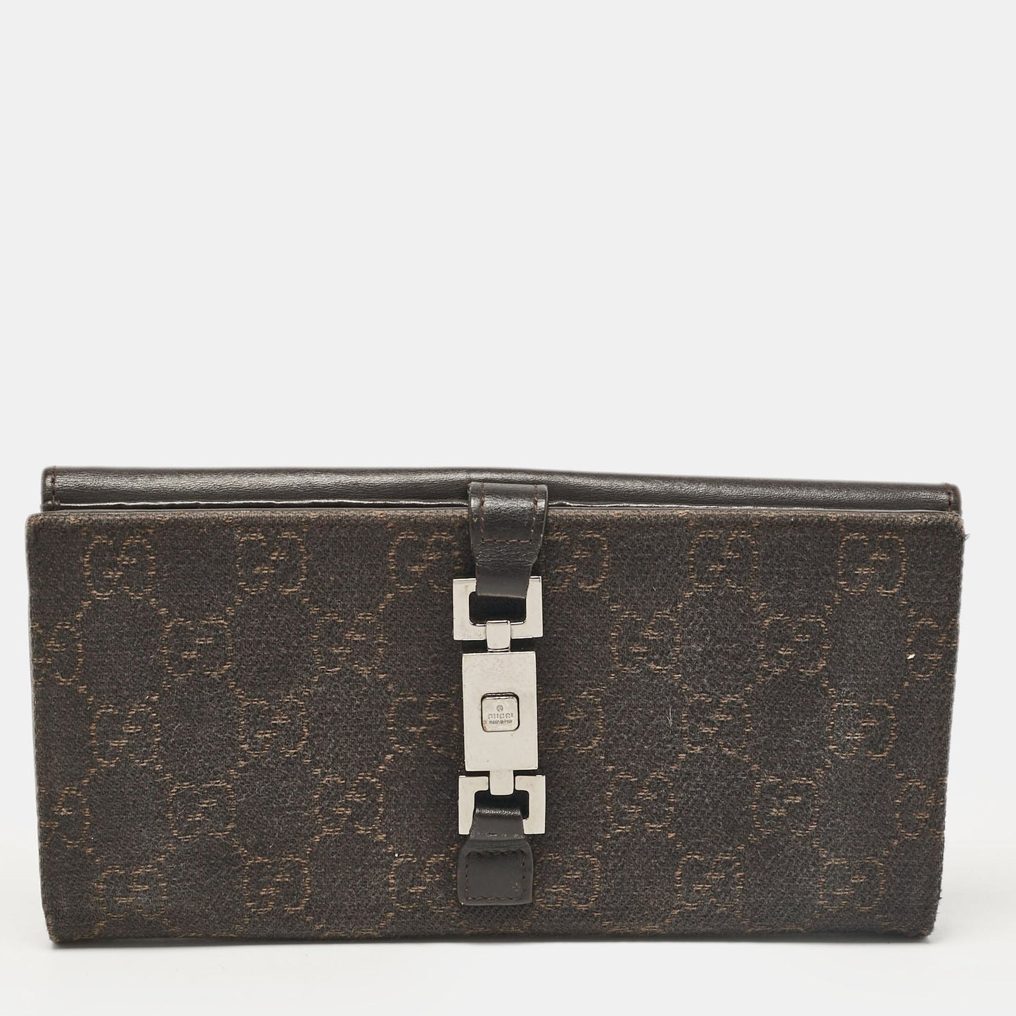 Luxury Gucci Trending 2025 Dark Brown GG Canvas and Leather Jackie Continental Wallet