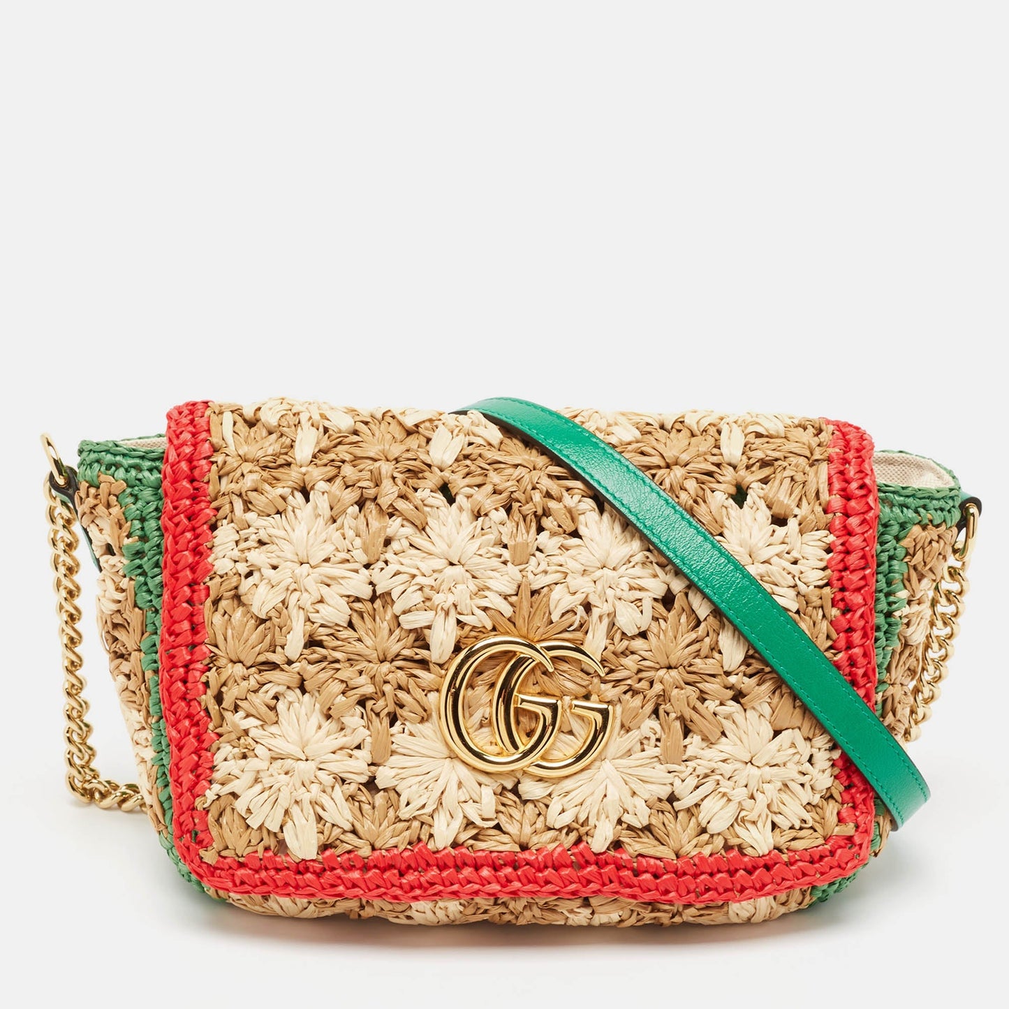 Luxury Gucci Trending 2025 Multicolor Straw and Leather GG Marmont Crochet Shoulder Bag