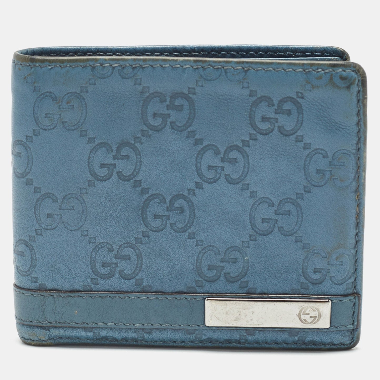 Luxury Gucci Trending 2025 Blue Luxury Gucci Trending 2025ssima Leather Metal Bar Bifold Wallet