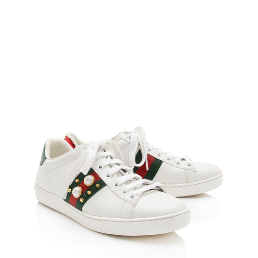 Gucci Leather Pearl Studded Web Ace Sneakers
